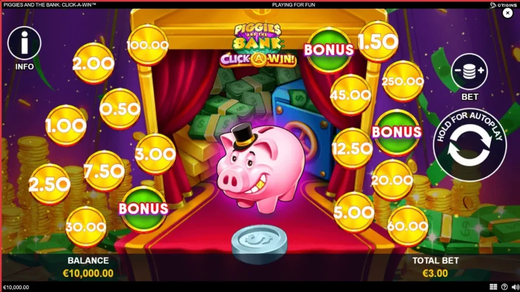 Piggies and the Bank: Click-A-Win سلاٹ گیم کا مرکزی کردار ایک امیر سؤر ٹاپ ہیٹ پہنے ہوئے
