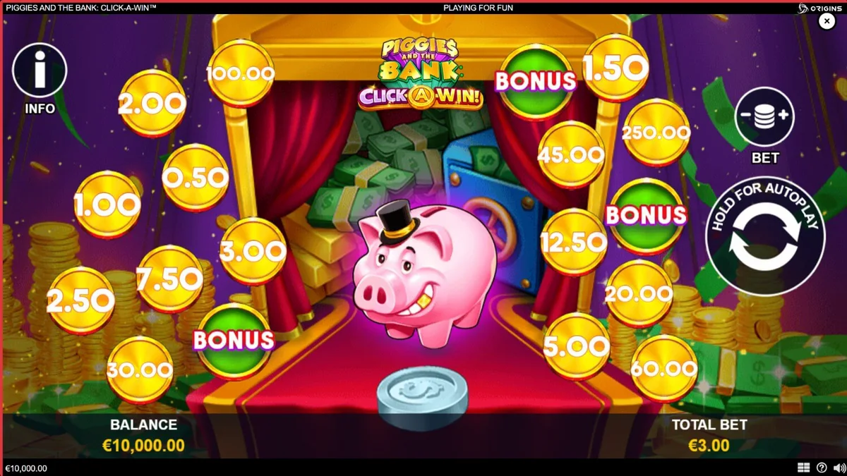 Piggies and the Bank: Click-A-Win سلاٹ گیم کا مرکزی کردار ایک امیر سؤر ٹاپ ہیٹ پہنے ہوئے